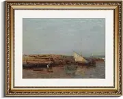 [InSimSea] Gold Framed Canvas Wall Art French Room Decor Seaview Coastal Wall Art for Living Room Boat Painting Picture Natural Scenery Home Decor 13x16in