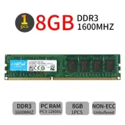 Crucial 8GB DDR3 1600MHz PC3-12800U 1.5V DIMM 240Pin intel Desktop Memory RAM BT
