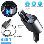 4in1 Retractable Car Charger Cable Dual Ports USB C PD Fast Charging Adapter NEW