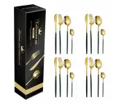 Cutlery Sets Elosung Green And Gold Patchwork Stainless Steel 16 Piece Flatware Set