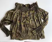 Alexander McQueen 100% Silk Paisley Smocked Peasant Top & Cuffs Blouse Size 44