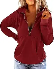 [Aosufei] Women'S Causal 1/4 Zip Pullover Top Long Sleeve Lapel Collar Sweatshirts Loose Solid Color Activewear Running Jacket