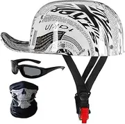 Motorcycle Half Helmet, Cap Retro Open-Face Helmet for Men Women with Riding Glasses Riding Visor Half Shell Jet Motorbike Helmet,DOT/ECE Certified I,XL=61-62cm