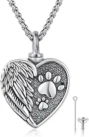 MEDWISE Sterling Silver Pet Cremation Necklace for Ashes, Angel Wings & Paw Prints, Unisex Adult Pet Lovers Memorial Jewelry