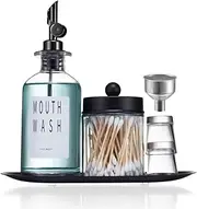 Mouthwash Dispenser Set for Bathroom, Joyfulmap Clear Glass Mouth Wash Bottle with Qtip Holder, 2 Glass, Tray Cups, Stainless Funnel, Bathroom Essentials,Black