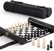 ThreeMoves Roll Up Chess Set - Foldable Leather Chess Mat with Chess Pieces - Portable Travel Chess Set with Straps - Perfect Chess Game for Airplane, Camping, and more (Black/White)