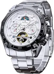 FORSINING Mens Tourbillon Automatic Mechanical Self-Wind Luxury Moon Phase Stainless Steel 44mm Big Black Dial Wrist Watch