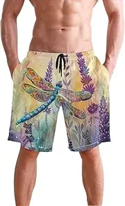 [XYMZR] Men's Swim Trunks Watercolor Dragonfly Lavender Quick-Dry Bathing Suit Swimming Board Shorts S