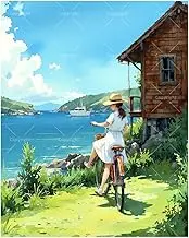 TAOPAOLAB Landscape Paint by Numbers Kit for Adults - DIY Girl Cycling by Lake Painting on Canvas 16x20In, Acrylic Paint Set, Suitable for Beginners, Summer Art for Home Decoration or Gifts