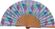 Tusitala Barcelona Trigono Spanish Fan Patchwork Collection Wood and Cotton with Case and Jute Bag Fashion Accessory Handmade in Spain for Events and Gifts