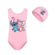 7-14 Years Kids Teens Lilo Stitch One Piece Swimsuit Swimwear With Swim Cap For Summer Beach Holiday Pool Surf School Z Pink 13-14Years