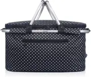 Foldable Outdoor Picnic Insulated Cooler Basket Storage Tote (Black/White DOTS)