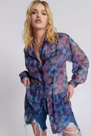 NEW OneTeaspoon ONE TEASPOON Womens Cymatic Reflections Utility Shirt Blue