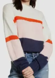 $299 Rebecca Minkoff Women's White Blue Stripe Crew-Neck Pullover Wool Sweater L
