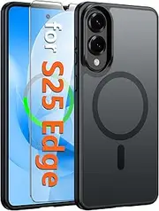 [FNTCASE] for Samsung Galaxy S25-Edge Case: Magnetic Matte Textured Military Grade Drop Protection Translucent Cell Phone Cover - Slim Rugged Durable Shockproof Protective Bumper Phonecase(Black)