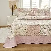 Brandream Pink Rose Floral Patchwork Quilts Cotton Queen Size Quilted Comforter Set Rustic Country Coverlet Bedspread Set 3-Piece