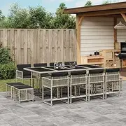 13 Piece Garden Dining Set with Cushions Light Grey PE Rattan Patio Furniture Set - Outdoor Table with Durable Tempered Glass Top, Foldable Chairs, Cushioned Stools for Compact Storage