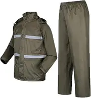 [GOODLUKE] Rain Jacket + Pants, Adult Army Green Reflective Tape Split Raincoat Men and Women Rainwear Unisex for School Commute Motorcycle Bicycle,XXL