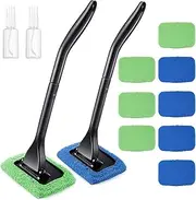 2 Pack Windshield Cleaning Tool Windshield Cleaning Wand Auto Window Cleaner with Detachable Handle, 8 Pieces Reusable Cloth Pads and 2 Pieces Spray Bottles for Car Interior (Blue, Green)