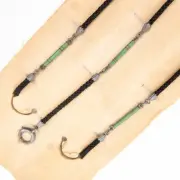 Sterling Silver, Green Bead, and Black Cord Necklace w/Antique Pocket Watch Fob