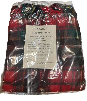 Vtg Sears Stadium Throw Red Tartan Plaid Fringed Throw Stadium Blanket New