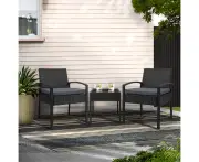 Gardeon 3PC Patio Furniture Bistro Set Wicker Outdoor Lounge Setting Black