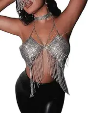 [Generic] Women's Rhinestone Body Chain Silver Sparkly Halter Crop Tops Tassel Bra Top Sexy Party Costume Rave Outfit