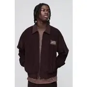 Mens Chocolate Oversized Boxy Varsity Badge Corduroy Bomber Jacket