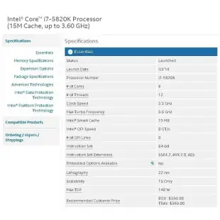 英特爾 Intel Core i7-5820K LGA2011-3 CPU處理器 i7 5820K SR20S 3.3G