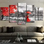 London Clock Tower Black & White With Red Tree & People Framed 5 Piece Canvas Wa