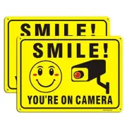 2 Pack 10x7 Inch Smile You're On Camera Sign Aluminum Video Surveillance Sign