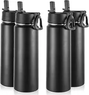 Volhoply Insulated Water Bottles with Straw Bulk 4 Pack, 22 oz Stainless Steel Sports Bottle with Handle Lid,Double Walled Vacuum Metal Travel Water Cups with Wide Mouth for Cold Drink(Black,4 Set)