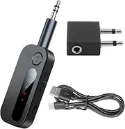 Airplane Bluetooth 5.4 Transmitter Receiver, 2-in-1 Wireless 3.5mm Jack Aux Adapter Supports 2 AirPods or Headphones as Tie Clip, Mic Handsfree Talking for Cars Planes Airline Travel TV
