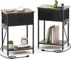 Night Stand Set 2,Bedside Tables with Charging Station, Fabric Drawer, Open Shel