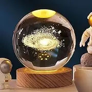 3D Crystal Ball Night Light Clear LED Light with Wooden Base Glass Ball Ornaments Nightlight Decolamp with Touch Switch LED Light Teens Boys and Girls (Galactic)
