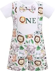[FYMNSI] Baby Boy Jungle Safari First Birthday Cake Smash Outfit Short Sleeve Romper Animal Print Suspenders Shorts 2pcs Set