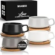 MIAMIO – 320 ml, Set of 4 Ceramic Tea Cup and Saucer Bamboo/Tea Mug - Wide Cappuccino Cup, Coffee Cups Ceramic Mug for Cappuccino, Latte, Espresso & Americano - Luxe Collection (Classic Pastel)