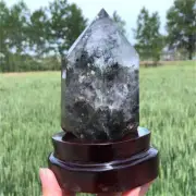 800g Natural Phantom Ghost Quartz Obelisk Quartz Cystal Point Wand Tower + Stand