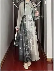 [INSTR] Elegant Hanfu Suit for Women Stand Collar Bamboo Printed Mesh Long Sleeve Top Shirt Irregular Hanfu Suspender Skirt