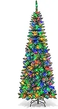 Costway Artificial Pre-lit Christmas Tree, Hinged Fir, Xmas Pencil Tree with Foldable Metal Stand & Superior PVC Leaves, Easy Assembly, Christmas Decoration for Indoor (1.98 M)
