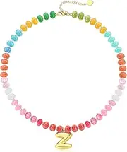 [BTYSUN] Initial Necklaces for Women, Beaded Necklace for Women with Bubble Necklace Letter Stocking Stuffers for Teen Trendy Stuff Colorful Gemstone Choker 14k Gold Initial A-Z Pendant Summer Beach Christmas