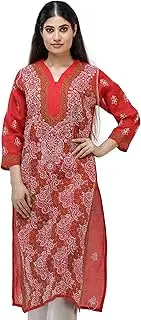 [Exotic India] Salsa-Red Long Kurta Top/Kameez from Lucknow with Chikan Embroidery