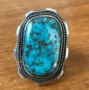 Impressive Sterling Silver TURQUOISE RING size 10 Wide Smooth Band