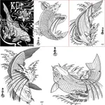 台灣出貨 新款紋身模板手稿紋身鯉魚圖案圖稿動物紋身圖冊模板黑白紋身模板