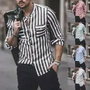 Mens Fashion Casual Striped Linen Buckle Collar Pocket Long Sleeve Shirt Top