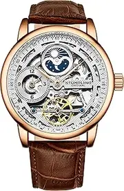 [Stührling] Stuhrling Original Mens Skeleton Automatic Watch - Dual Time AM/PM Sun and Moon Genuine Leather Strap, Rose Gold/Brown
