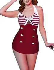 [Ekouaer] Womens Vintage Retro Striped One Piece Swimsuit Pin up Halter Monokini Bathing Suit