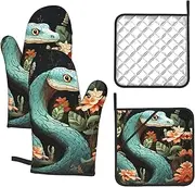 4 pcs Oven Mitts and Pot Holders Set 500°F Heat Resistant Oven Gloves and Hot Pads Kitchen Mittens Snake and Flower Cooking Gloves Potholders for Baking Grilling