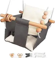 VIsuIvit Baby Swing Seat, Canvas and Wooden Hanging Swing Chair with Canvas Cushion, Indoor and Temporary Outdoor Hammock for Indoor Playground, Tree Swings or Backyard (White & Grey)