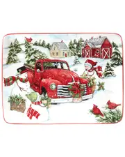 Certified International Red Truck Snowman Rectangular Platter
